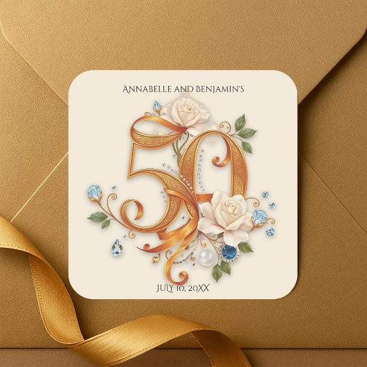 Gouden 50e Jubileum Roos en edelstenen Vierkante Sticker