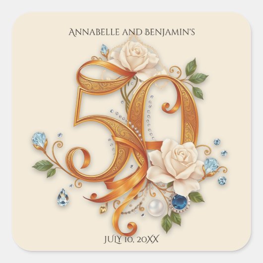 Gouden 50e Jubileum Roos en edelstenen Vierkante Sticker (Voorkant)