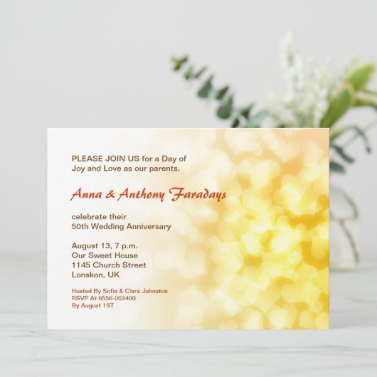 Gouden 50e trouwdag harten uitnodiging (Staand voorkant)