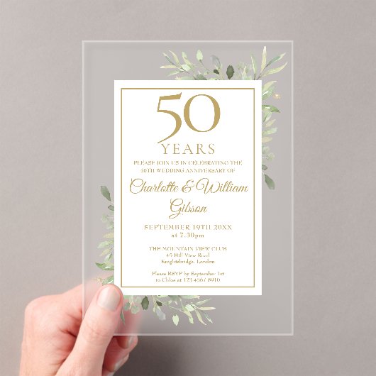 Gouden 50e trouwdag waterverf groen acryl uitnodigingen (Insitu (Draagbaar))