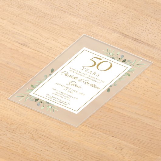 Gouden 50e trouwdag waterverf groen acryl uitnodigingen (Laagn)