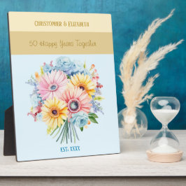 Gouden 50e verjaardag bloemen namen blauw fotoplaat