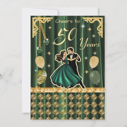 Gouden 50e verjaardagsuitnodiging met dansende kop kaart (Voorkant)