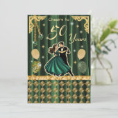Gouden 50e verjaardagsuitnodiging met dansende kop kaart (Staand voorkant)
