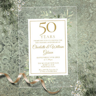 Gouden 50ste huwelijksjubileum waterverf groen acryl uitnodigingen