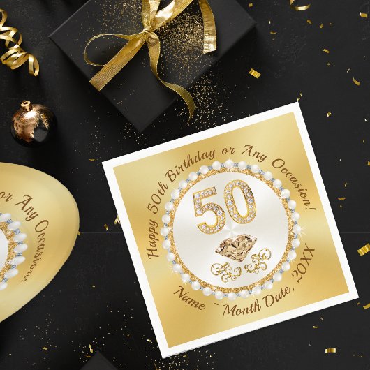 Gouden, 50ste verjaardag servetten gepersonaliseer