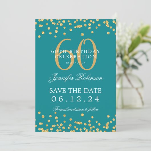 Gouden 60e verjaardag Save the Date Confetti Blauw Kaart (Staand voorkant)