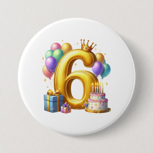 Gouden 6de verjaardag ronde button 7,6 cm (Voorkant)