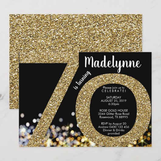 Gouden 70e verjaardag uitnodiging - 70e uitnodigin (Voorkant / Achterkant)