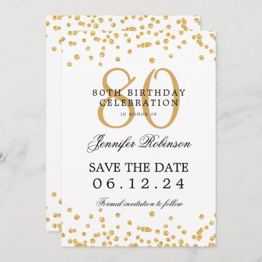 Gouden 80e verjaardagsfeest Save Date Confetti Kaart (Voorkant / Achterkant)