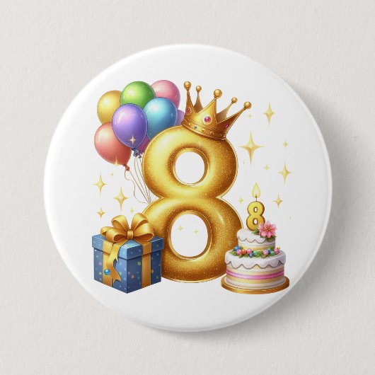 Gouden 8e verjaardag ronde button 7,6 cm (Voorkant)