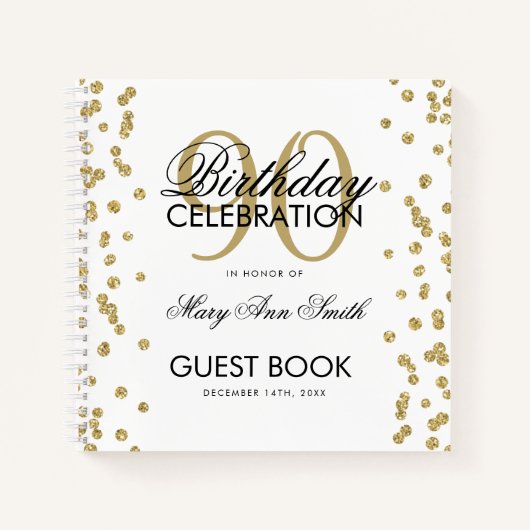 Gouden 90e verjaardag Guestbook Confetti Notitieboek (Voorkant)