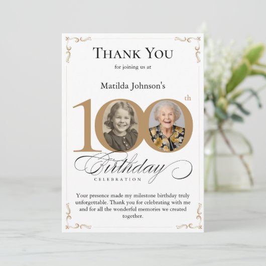 Gouden aangepaste foto 100e verjaardag dank u kaar kaart (Staand voorkant)