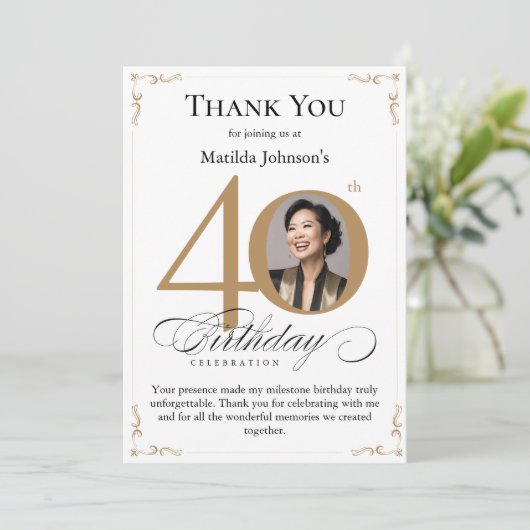 Gouden aangepaste foto 40e verjaardag dank u kaart (Staand voorkant)
