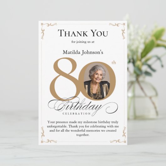 Gouden aangepaste foto 80e verjaardag dank u kaart (Staand voorkant)