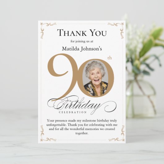 Gouden aangepaste foto 90e verjaardag dank u kaart (Staand voorkant)