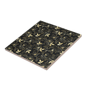 Gouden abstracte bloemen op zwarte achtergrond tegeltje