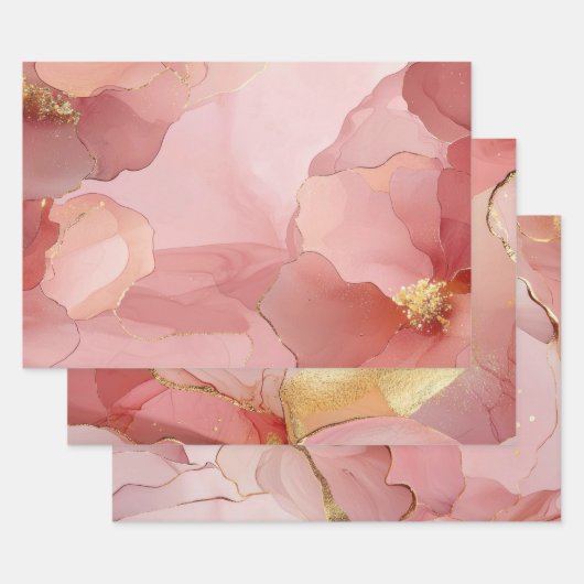 Gouden Abstracte Blos Roze Bruiloftfeest Inpakpapier Vel (Set)