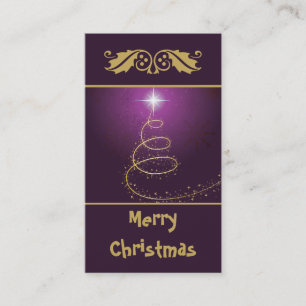 Gouden abstracte kerstboom op gloeiende paarse visitekaartje