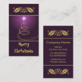 Gouden abstracte kerstboom op gloeiende paarse visitekaartje (Voorkant / Achterkant)