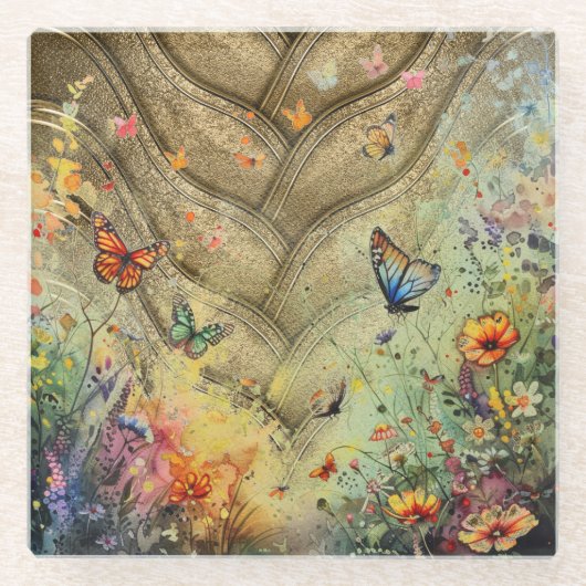 Gouden accent vlinder tuin aangepaste kunst glazen onderzetter (Voorkant)
