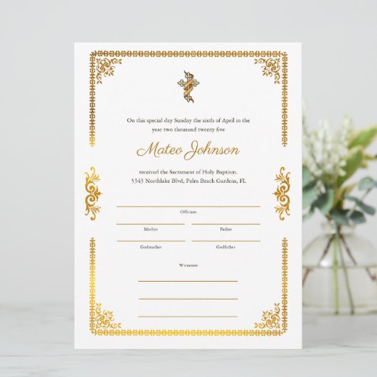 Gouden accenten Elegant Katholiek Doopcertificaat (Staand voorkant)
