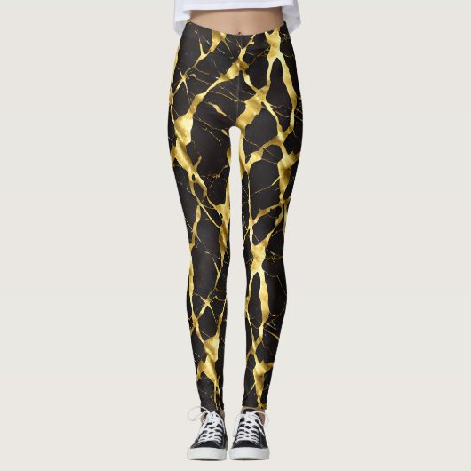 Gouden aders in zwarte marmeren Leggings - Rich (Voorkant)