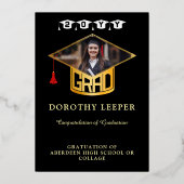 Gouden Afstudeerder Pet & Foto Afstuderen Aankondi Folie Uitnodiging (Voorkant)