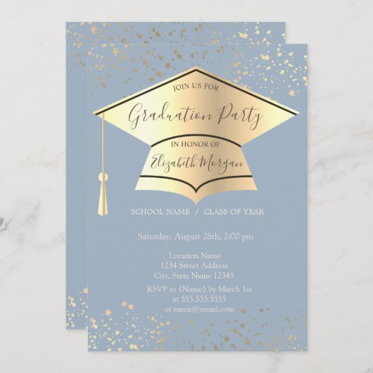 Gouden afstudeerdop, Stars Dusty Blue Afstuderen Kaart (Voorkant / Achterkant)
