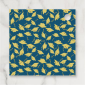 Gouden afstudeerdopjes gegooid op blauw gepersonal bedankjes labels (Achterkant)