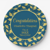 Gouden afstudeerdopjes gegooid op blauw gepersonal papieren bordje (Voorkant)