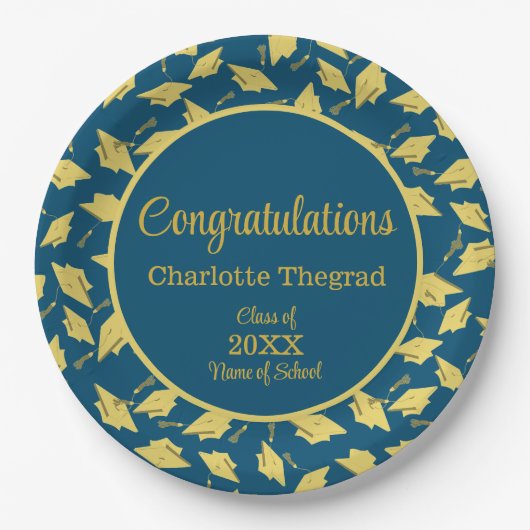 Gouden afstudeerdopjes gegooid op blauw gepersonal papieren bordje (Voorkant)