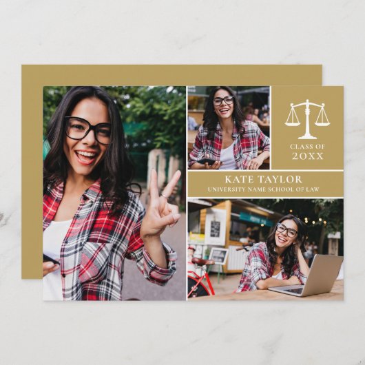 Gouden afstudeerfeest met 3 foto's Rechten Afstude Kaart (Voorkant / Achterkant)
