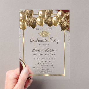 Gouden afstudeerhoed ballonnen bordeauxrand afstud acryl uitnodigingen