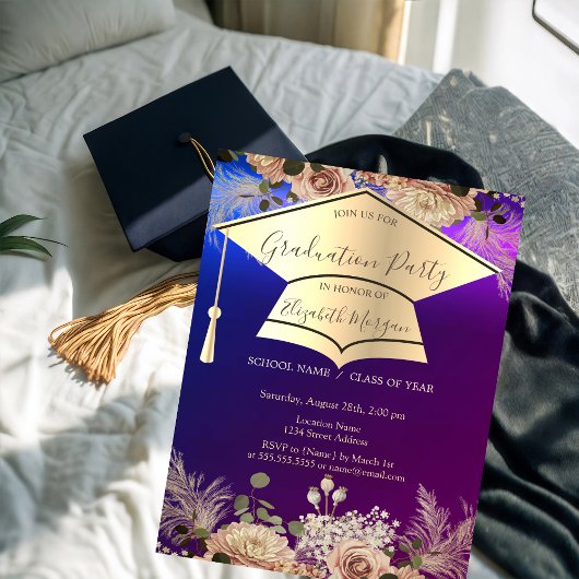 Gouden afstudeerhoed, bloemen afstuderen kaart