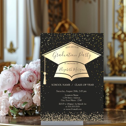 Gouden afstudeerhoed, diamanten confetti afstudere kaart