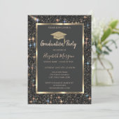 Gouden afstudeerhoed donkere glitter afstuderen kaart (Staand voorkant)