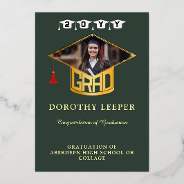 Gouden afstudeerhoed en foto afstudeeraankondiging folie uitnodiging