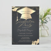 Gouden afstudeerhoed frame confetti grijs kaart (Staand voorkant)
