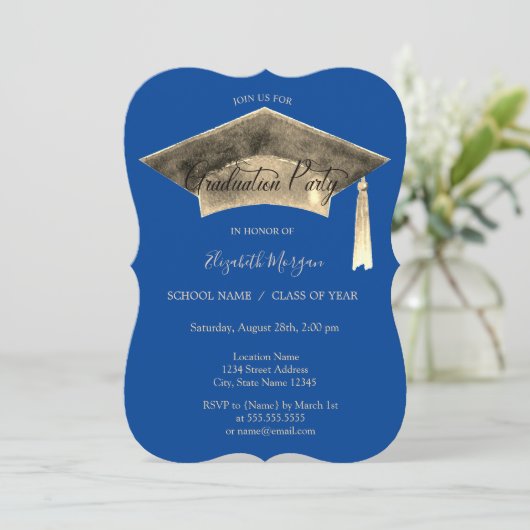 Gouden afstudeerhoed Kwastje Blauwe Afstuderen Kaart (Staand voorkant)