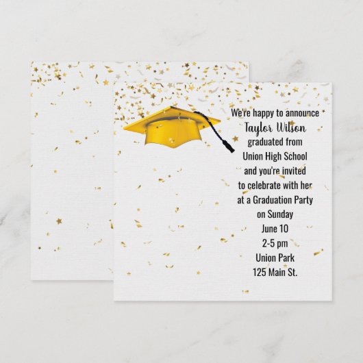 Gouden afstudeerhoed met gouden confetti kaart (Voorkant / Achterkant)