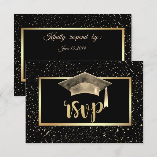 Gouden afstudeerhoed, Verjaardagsfeest met confett RSVP Kaartje (Voorkant / Achterkant)
