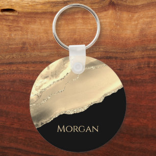 Gouden Agaat & Glitter, Gouden Naam op Zwart Sleutelhanger