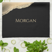 Gouden Agaat & Glitter, Gouden Naam op Zwart Theedoek (Gevouwen)