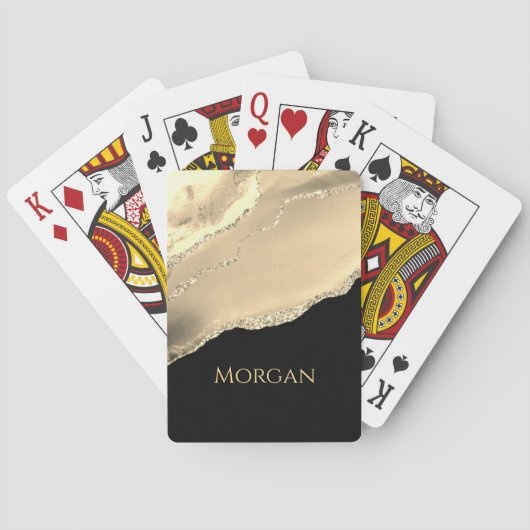 Gouden Agaat, Glitter & Naam op Zwart Pokerkaarten (Achterkant)