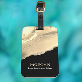 Gouden Agaat & Glitter, Naam & Tekstlijn, Zwart Bagagelabel