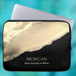 Gouden agaat & glitters, naam & tekstregel, zwart laptop sleeve