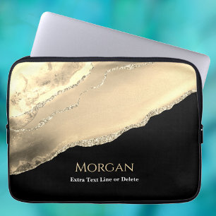Gouden agaat & glitters, naam & tekstregel, zwart laptop sleeve
