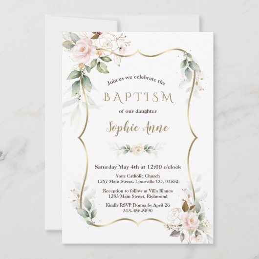 Gouden Airy Greenery Blush Roze Gouden Bloem Doop  Kaart (Voorkant)