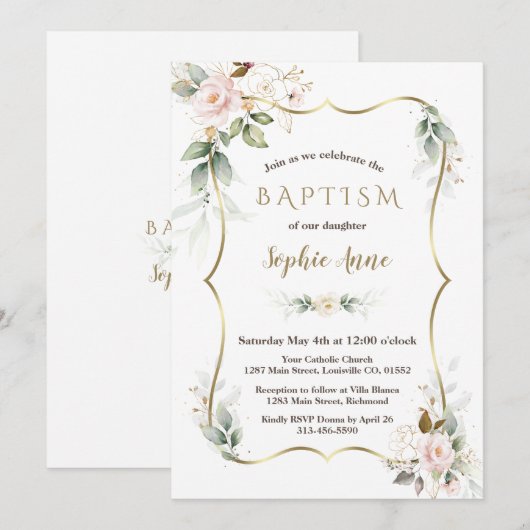 Gouden Airy Greenery Blush Roze Gouden Bloem Doop Kaart (Voorkant / Achterkant)